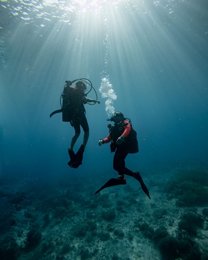 Services Two scuba divers underwater basking in sunlight rays, exploring the ocean depths.