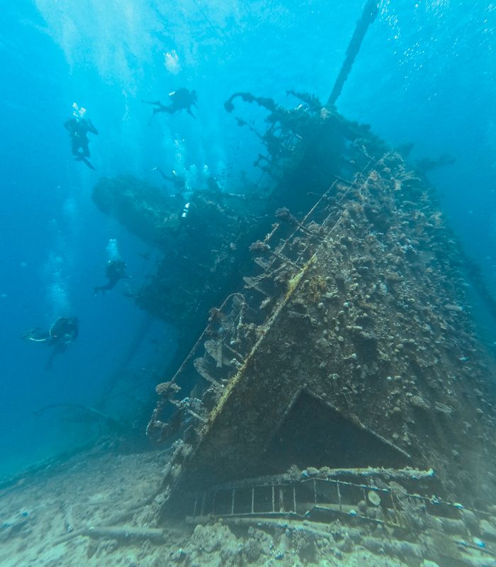 Services Explore a sunken shipwreck with scuba divers navigating through clear blue waters.