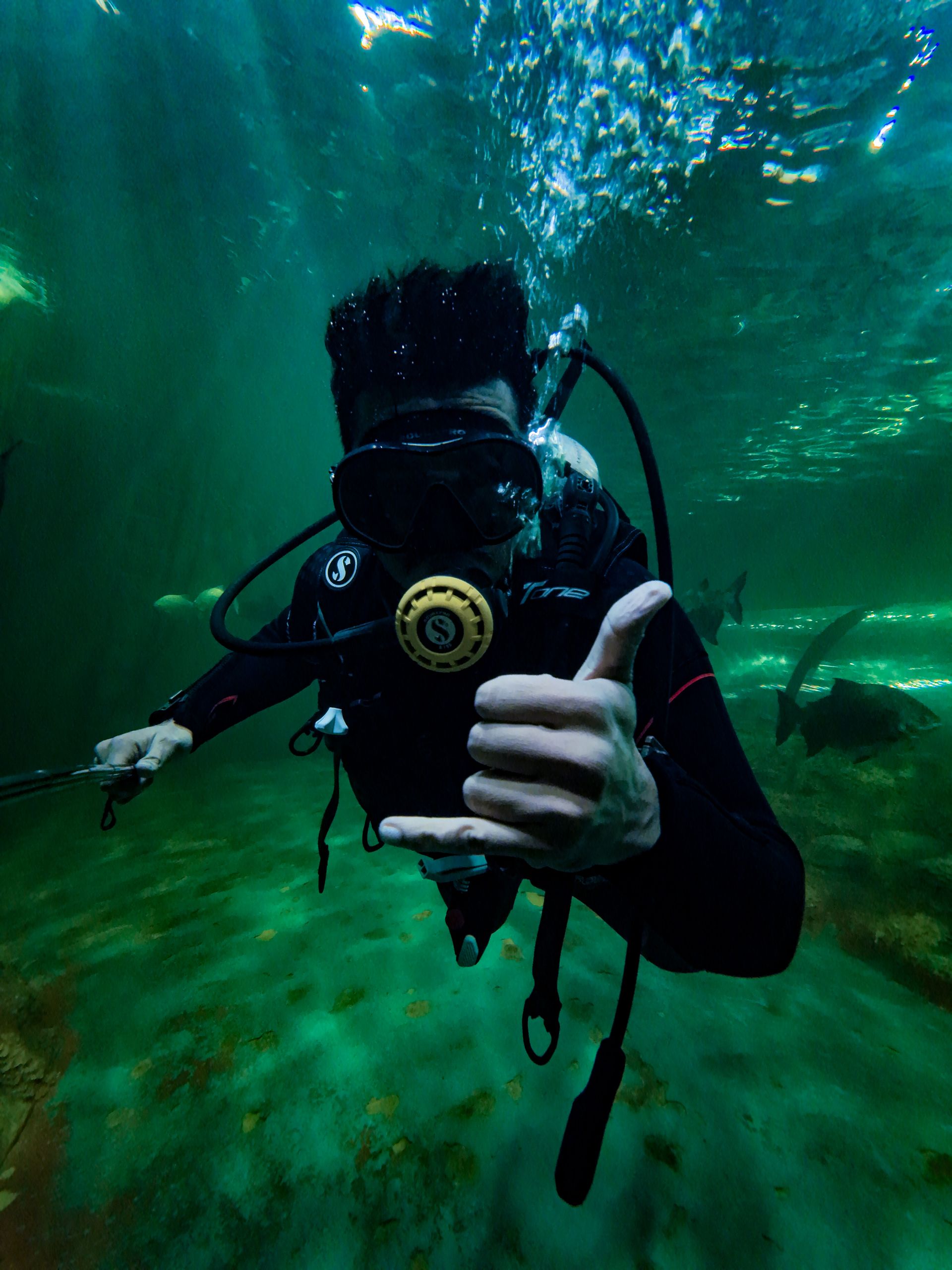 Scuba diver underwater in Kerala, India, signaling hang loose. Vibrant marine scenery.